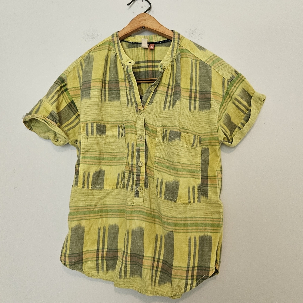 Anthropologie Yellow Green Plaid Short Sleeve Button Front Tee